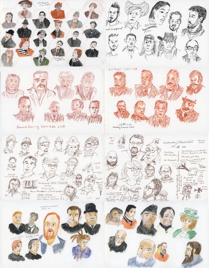 A composite image showing all the sketchbook pages from the 2025 One Week 100 People challenge, arranged in a grid. The pages show a variety of media and styles including watercolor, sanguine pastel, fineliner pen, and mixed media, with faces drawn from Murdoch Mysteries, The Curse of Oak Island, and Unexplained and Unexplored.