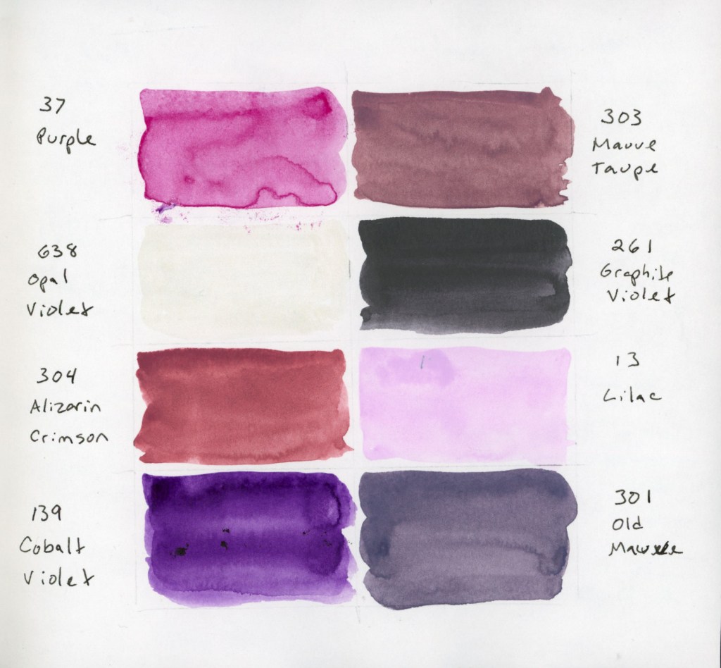 An 8-color palette of Gansai Tambi paints in muted, dusty purple and violet shades, including a shimmering Opal Violet.