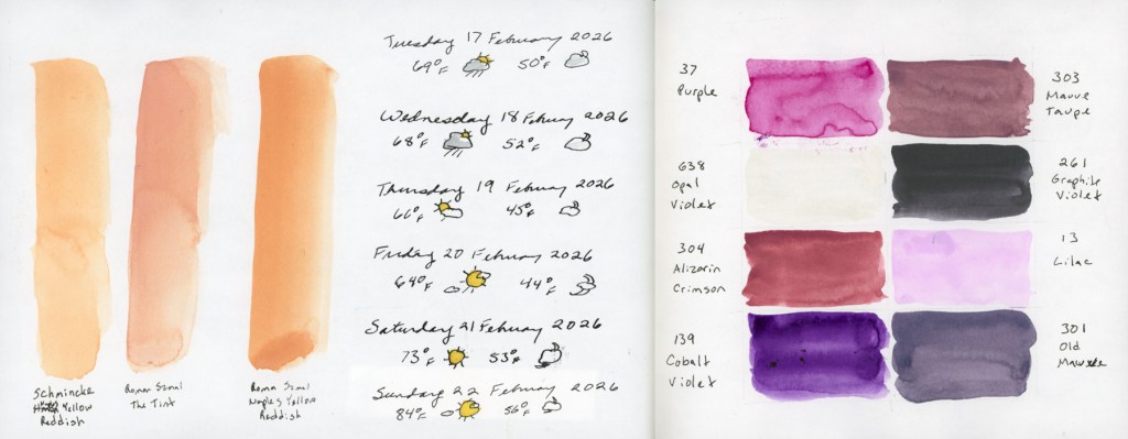 A double-page sketchbook spread. The left page features technical watercolor swatches of Naples Yellow Reddish (Schmincke vs. Roman Szmal) and The Tint. The right page displays an 8-color palette of Gansai Tambi paints in muted, dusty purple and violet shades, including a shimmering Opal Violet.