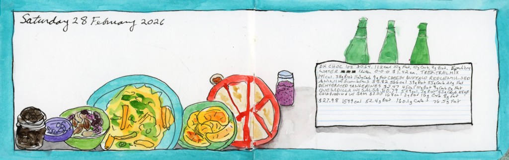A pocket sketchbook spread in an Epsilon landscape book featuring ink and watercolor sketches of daily meals, including handwritten nutritional data and grocery costs.