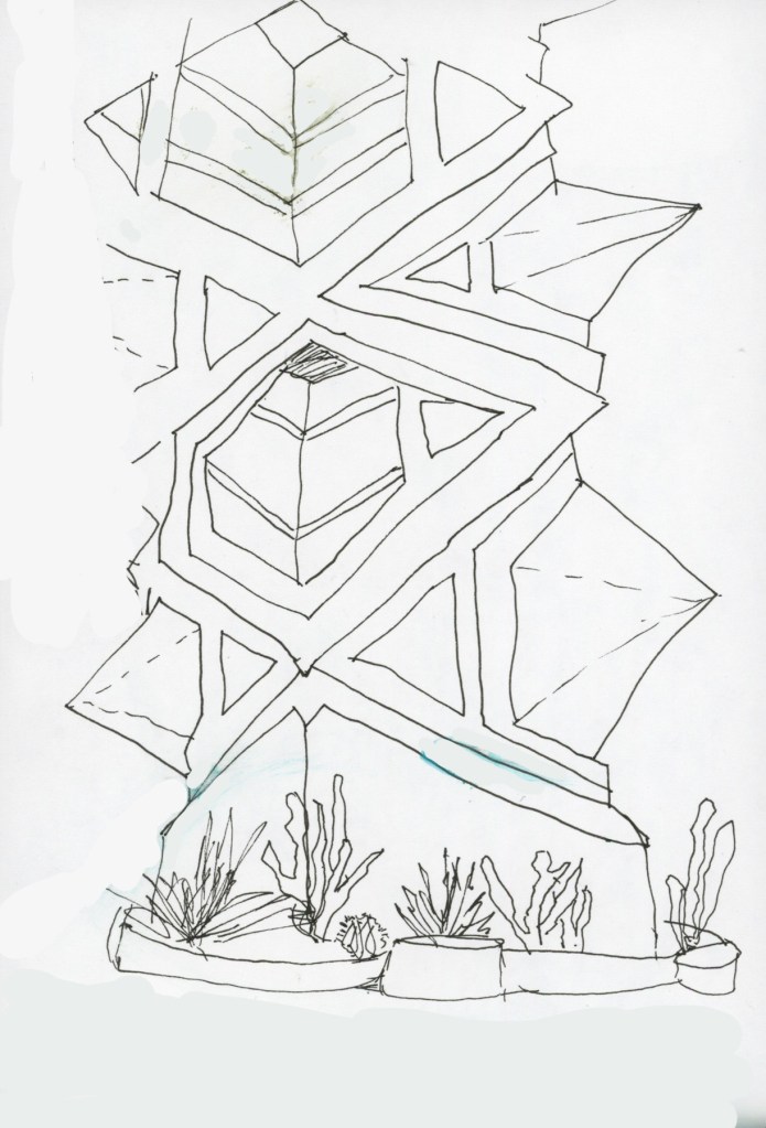 An ink sketch of the Frank Lloyd Wright spire with complex angular planes and faceted surfaces, showing careful attention to the changing directions of the glass and ironwork. Cactus landscaping sketched at bottom.