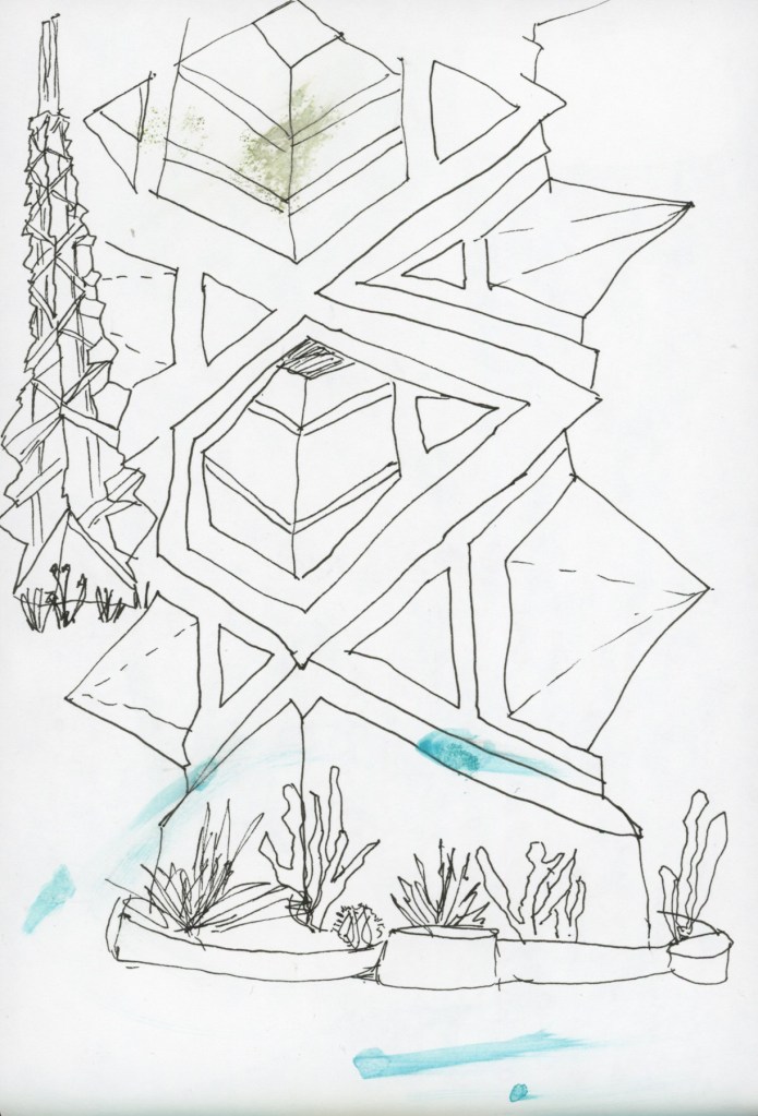 Ink and line sketches of the Frank Lloyd Wright spire — a thumbnail of the full spire and a closer view of the lower section with cactus, with paint smudges.