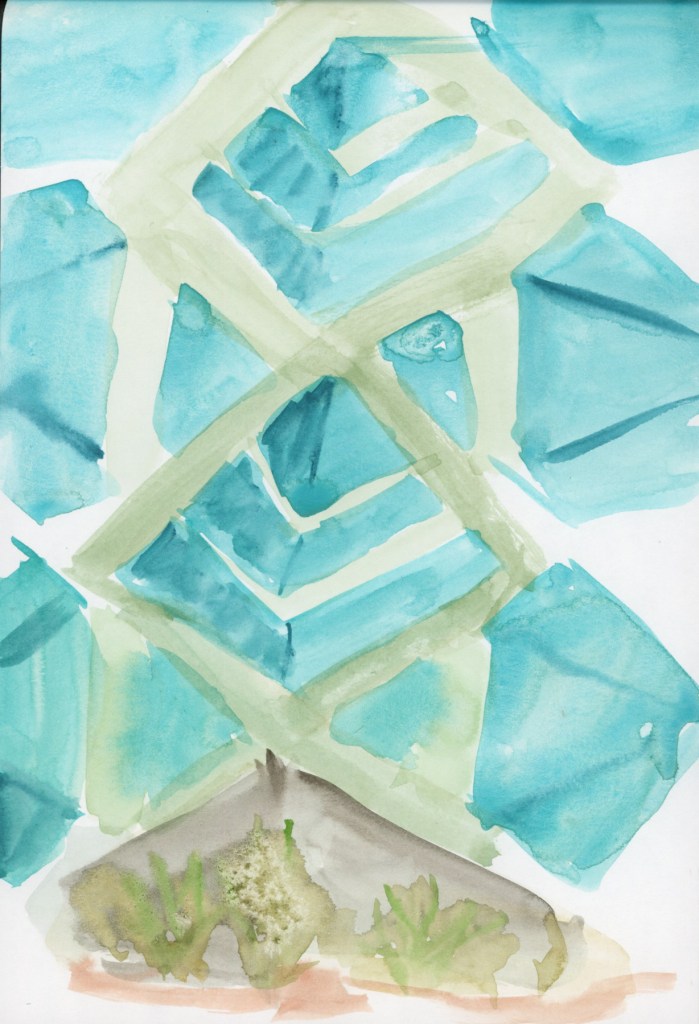A loose direct watercolor sketch of the base of the Frank Lloyd Wright spire, painted on location, in sage green and turquoise, Frank Lloyd Wright Commemorative Park, Scottsdale, Arizona.