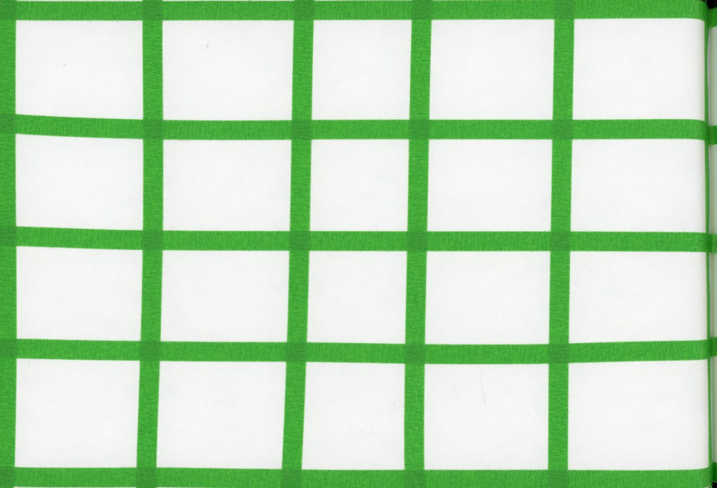 A single sketchbook page prepared with a 4 by 5 grid of narrow green masking tape, ready for the One Week 100 People sketching challenge.