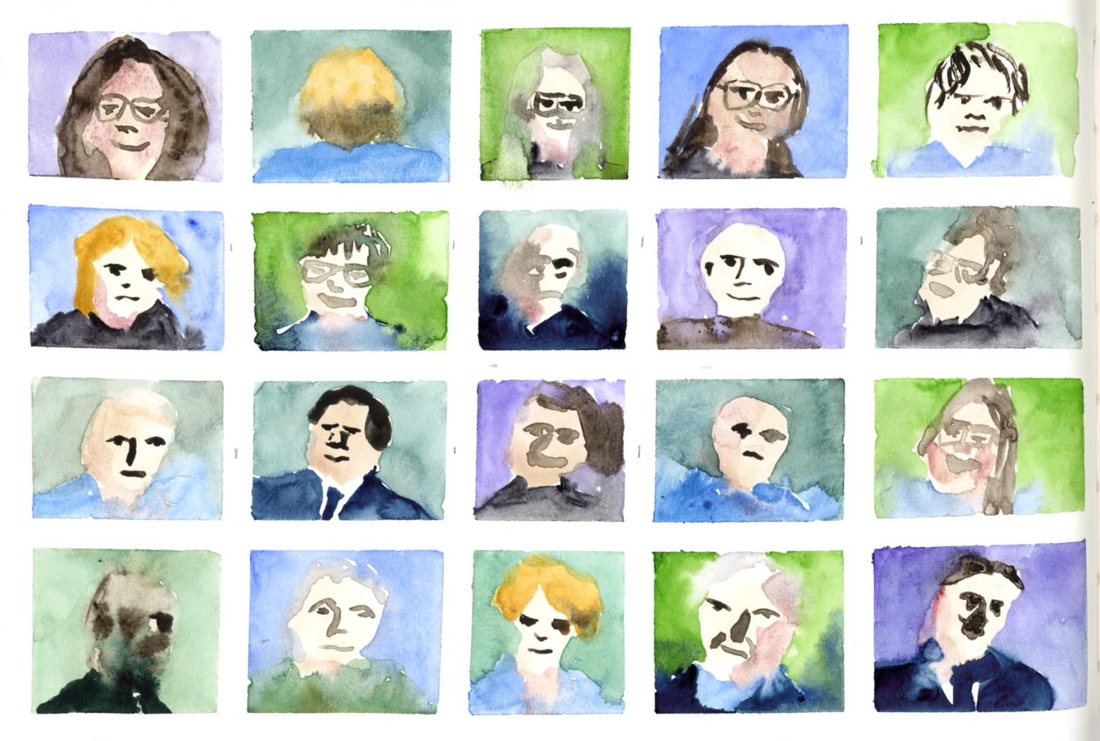 A grid of twenty small watercolor portrait sketches, arranged five across and four down, each in a green-tape-bordered square. Faces in warm skin tones are painted against washes of green, blue, purple, and sienna. Hair colors range from dark brown and black to bright orange and golden yellow. Several figures wear glasses. The wet-into-wet watercolor technique gives many faces a soft, blooming quality.