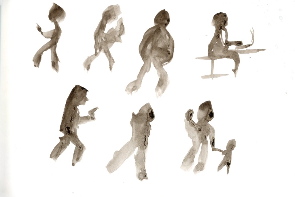 even loose gesture figures painted in Van Dyke Brown wash on a white page, arranged in two informal rows. The figures are caught in various poses — walking, sitting, looking at a phones, carrying and holding hands with small children. The brushwork is fluid and gestural, with shapes suggested rather than detailed.