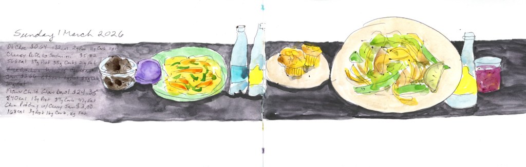 Watercolor and ink food sketch on a double page spread, Sunday 1 March 2026. Plates of food are arranged along a bold dark horizontal band across both pages, including a green plate of yellow pasta with orange and green vegetables, a small dark bowl, a purple shape, and a large oval plate with colorful vegetables. Handwritten notes on the left list foods, prices, and nutrition data.
