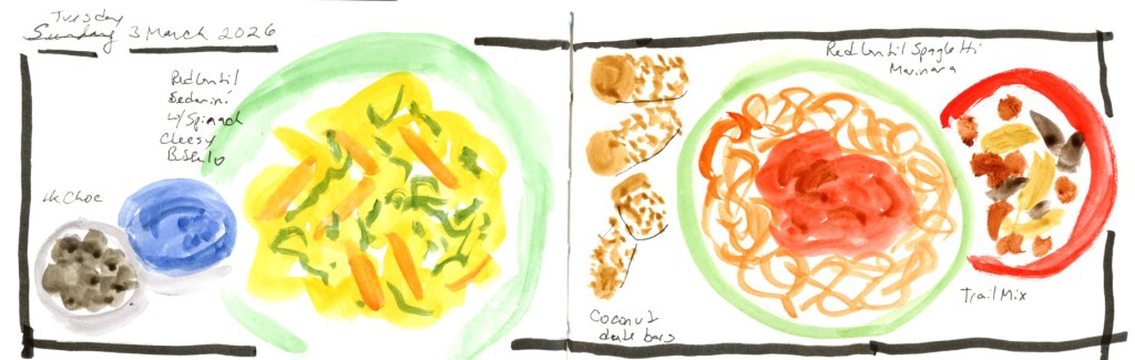 Watercolor and ink food sketch on a double page spread, Tuesday 3 March 2026, with a corrected date visible. A large bordered rectangle frames both pages. On the left, a small dark bowl of chocolate and a blue circle sit beside a large yellow pasta bowl on a green plate. On the right, small sketches of coconut date bars sit beside two more green plates — one with red lentil spaghetti marinara and one with trail mix. Food labels are handwritten throughout.