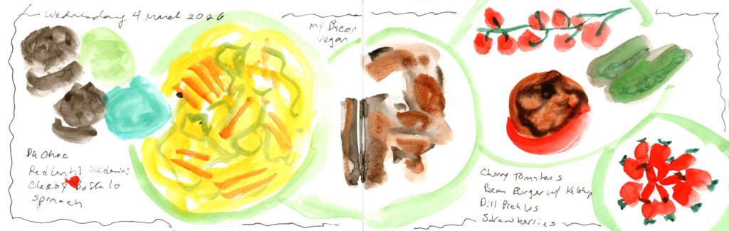 Loose watercolor food sketch on a double page spread, Wednesday 4 March 2026. On the left page, dark chocolate shapes and a teal oval sit beside a large yellow pasta bowl rendered in fluid, gestural brushwork. On the right, a loosely painted My Bacon sits centrally, with scattered sketches of cherry tomatoes on the vine, green cucumbers, a bean burger with ketchup, a bowl of strawberries, and more strawberries rendered in bright red. Handwritten food labels throughout.