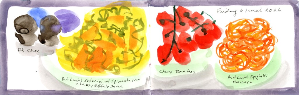Watercolor and ink food sketch on a double page spread, Friday 6 March 2026, with a soft purple border wash. On the left page, dark chocolate pieces and blue-purple ovals sit beside a bold yellow and orange pasta bowl. On the right, a striking cluster of deep red cherry tomatoes on the vine dominates the center, with a plate of loosely painted orange red lentil spaghetti marinara beside it. Food names are handwritten below each item.