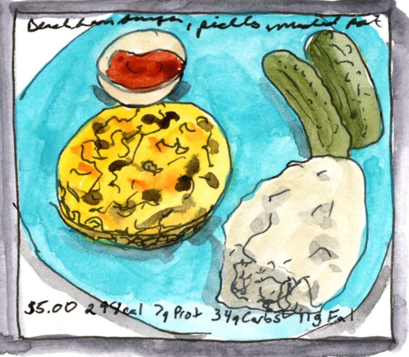 Watercolor and ink food sketch of a meal on a teal blue plate, from the Monday 2 March 2026 page of Food Sketchbook No. 5. A round bean burger patty is rendered in yellow, orange and dark ink linework, with a small white bowl of ketchup above it and two green dill pickles to the right. A white bun sits at the bottom right. Handwritten text at the top reads "bean burger, pickle, mashed potato" and nutrition and cost data is noted at the bottom.
