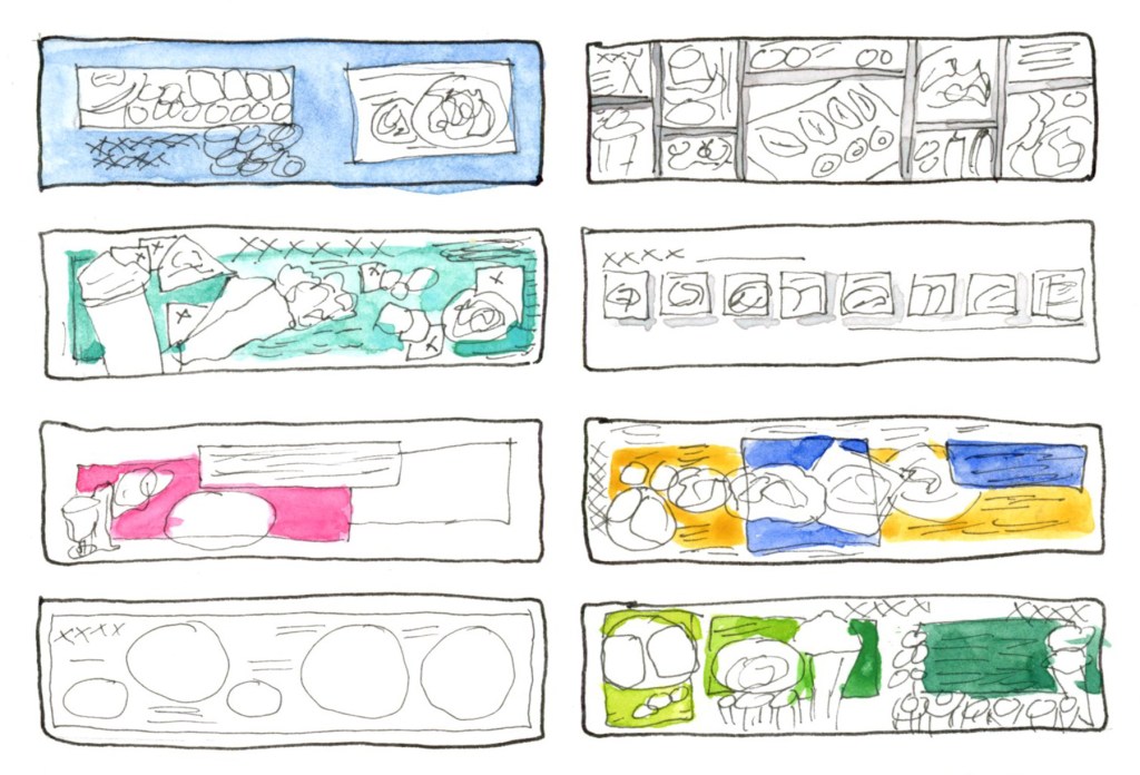 Eight hand-drawn wireframe thumbnail sketches showing food diary page layout concepts, including colour block variations in blue, teal, pink, yellow, blue, and green, alongside uncoloured grid and circle-based layouts.
