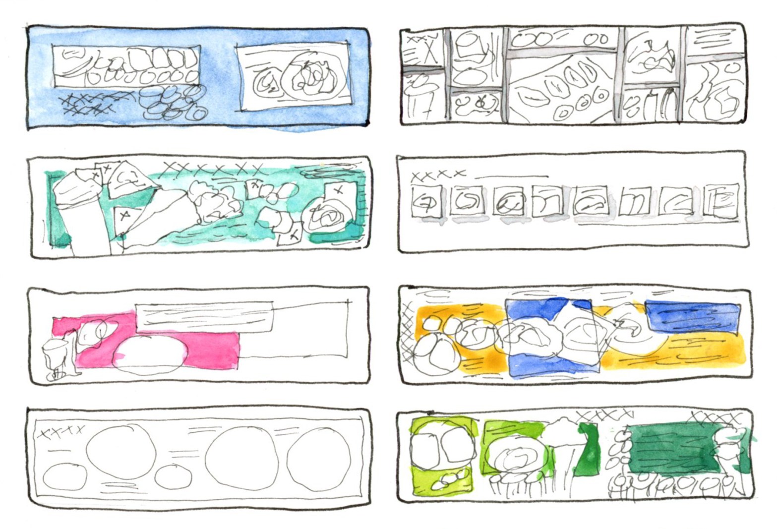 Eight hand-drawn wireframe thumbnail sketches showing food diary page layout concepts, including colour block variations in blue, teal, pink, yellow, blue, and green, alongside uncoloured grid and circle-based layouts.
