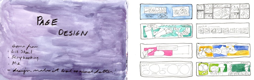 Watercolour title page in purple reading "Page Design" with handwritten notes citing Liz Steel, scrapbooking, and personal ideas as sources, beside a page of small coloured thumbnail layout sketches for food diary pages