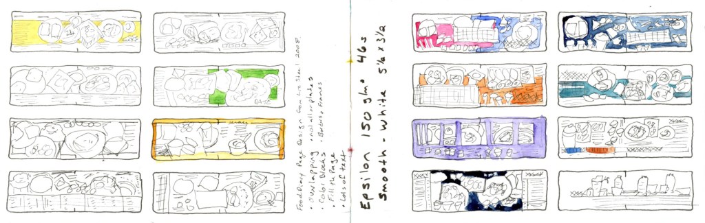 Two pages of food diary layout wireframe thumbnails in various colour combinations including pink, blue, orange, purple, teal and green, with handwritten notes reading "Food Diary Page Design from Liz Steel 2008" and Epsilon sketchbook specifications.