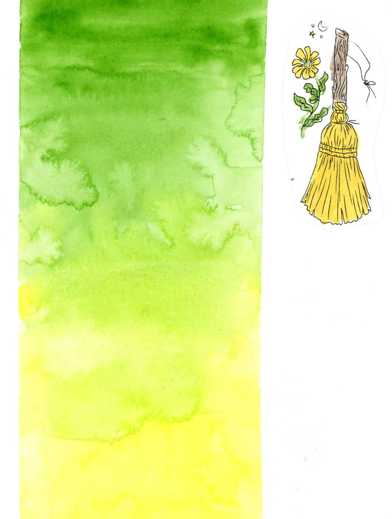 A watercolour gradient wash fading from deep Winsor and Newton Sap Green at the top to bright Daniel Smith Hansa Yellow Light at the bottom, with a small painted collage image of a besom broom with a yellow flower in the upper right corner