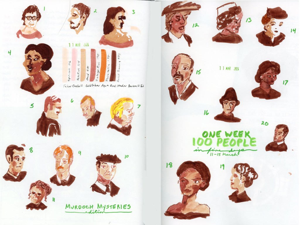 A double page sketchbook spread of faces drawn in warm tones with Faber-Castell dual markers, sketched from the TV show Murdoch Mysteries. Faces are scattered loosely across the pages, alongside color swatches from the Portrait marker set and the handwritten title 'One Week 100 People.'