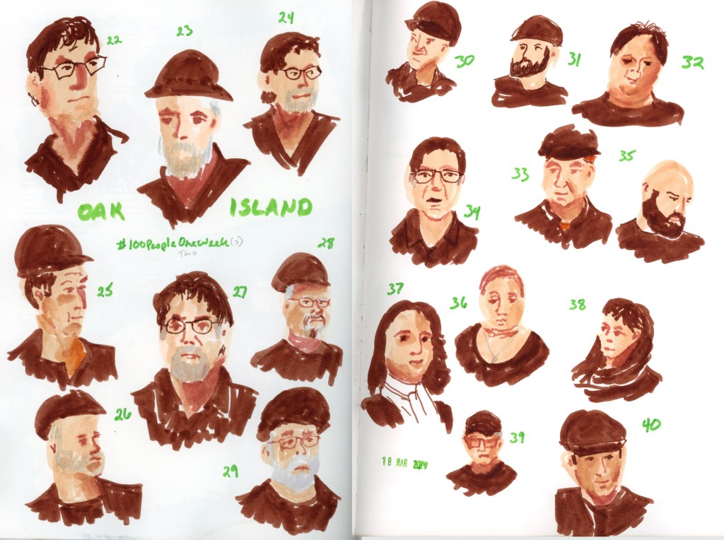  double page sketchbook spread of faces drawn in warm tones with Faber-Castell dual markers, sketched from the TV show The Curse of Oak Island. Faces are scattered loosely across the pages.
