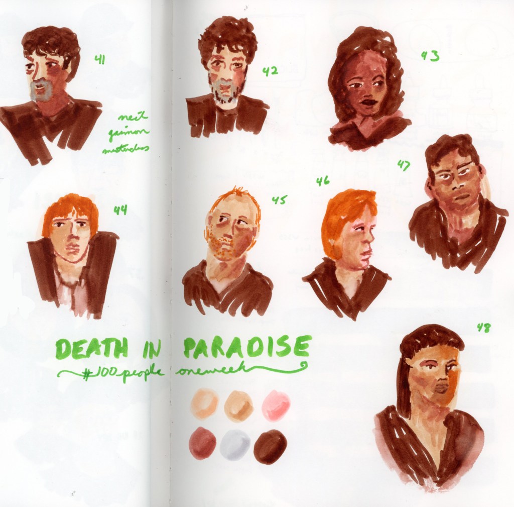 A double page sketchbook spread of faces drawn in warm tones with the Faber-Castell Goldfaber Aqua Dual Marker Portrait set, sketched from the TV show Death in Paradise. Portraits numbered 41 through 48 are scattered across the pages, alongside six unnamed color swatches and the handwritten title 'Death in Paradise, #100 People One Week.'