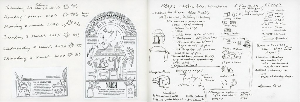 A dual page sketchbook spread in black ink — dates, weather, and temperature log for February 28 through March 5 with collage images from the 2026 Coloring Book of Shadows by Amy Cesari on the left, and handwritten notes and sketches from an Edges course livestream on the right.