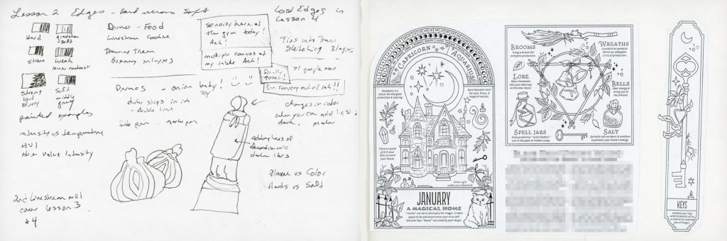 A dual page sketchbook spread in black ink — continued handwritten notes and sketches from an Edges course livestream on the left, and collage images from the January 2026 Coloring Book of Shadows by Amy Cesari on the right.