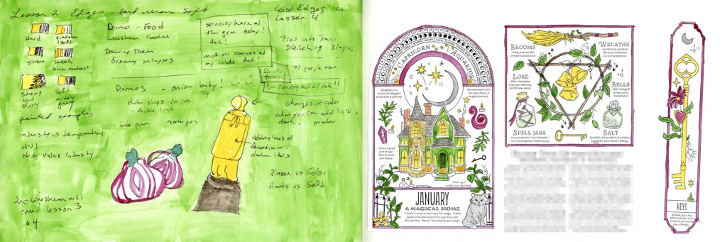A dual page sketchbook spread — Edges Lesson course notes with painted examples including a red onion and a figure in yellow on a bright green wash on the left, and the January 2026 Coloring Book of Shadows page painted in purples, greens, and golds depicting a magical home with a cat, on the right