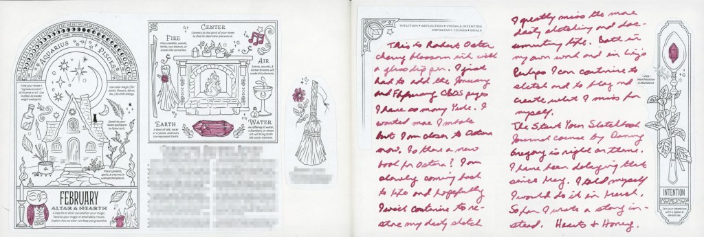 A dual page sketchbook spread — February collage images from the 2026 Coloring Book of Shadows by Amy Cesari with touches of spot color in Robert Oster's Cherry Blossom ink on the left, and a handwritten journal entry in the same pink ink with smaller collage images on the right.