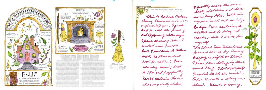 A dual page sketchbook spread — the February 2026 Coloring Book of Shadows page painted in purples and greens depicting an altar and hearth cottage on the left, and a handwritten journal entry in Robert Oster Cherry Blossom ink with small decorated collage images on the right