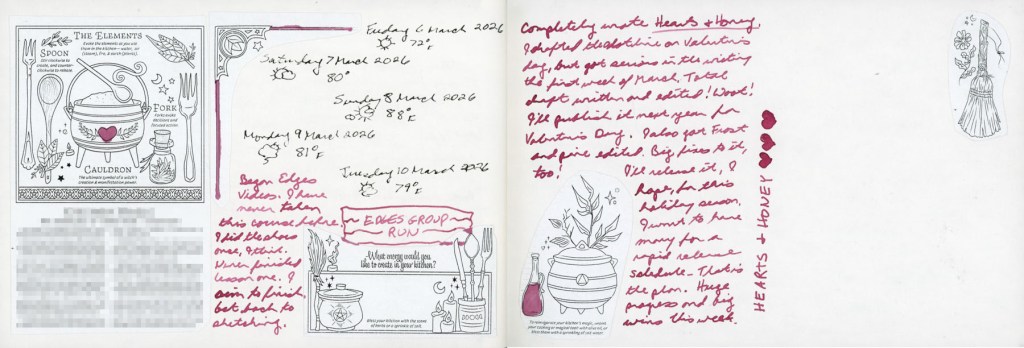 A dual page sketchbook spread — March collage images from the 2026 Coloring Book of Shadows by Amy Cesari with spot color, dates and weather log for March 6 through 10, and a handwritten note in Robert Oster's Cherry Blossom ink on the left, and a handwritten journal entry in Cherry Blossom ink with small decorated collage images on the right, with  half of the page left blank.