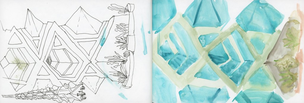 A dual page sketchbook spread showing ink and line sketches of the Frank Lloyd Wright spire on the left page, and a loose direct watercolor sketch of the spire base on the right, painted on location in Scottsdale, Arizona.