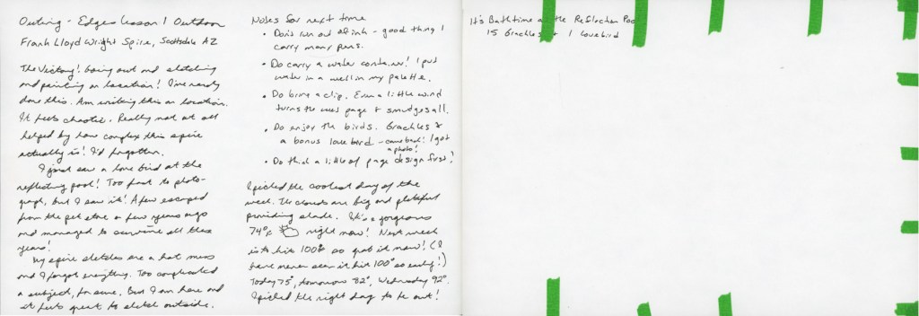 A dual page sketchbook spread — handwritten journal notes from an on location sketching outing to Frank Lloyd Wright Commemorative Park on the left, and a page header reading 'Bathtime at the Reflection Pool' with the remainder left blank and edges dotted with narrow green masking tape on the right.