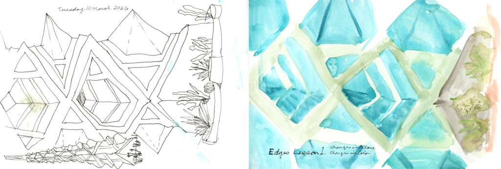 A dual page sketchbook spread — three sketches of the Frank Lloyd Wright Spire at Scottsdale Road and Frank Lloyd Wright Blvd on the left with handwritten location notes and journaling on a teal colour block wash, and a painted watercolour study of the spire with Edges course notes on the right