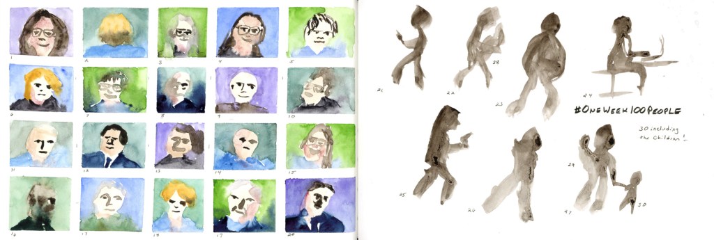A dual page sketchbook spread — twenty watercolour portrait studies in small numbered grid squares on green and blue washes on the left, and ten loose ink figure studies in sepia on the right, labelled One Week 100 People, 30 including the children