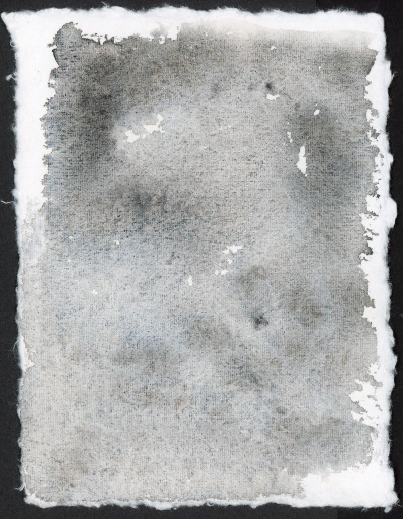 A full page chromatography study on handmade deckle-edge cotton watercolor paper. Diamine Graphite ink spreads across the page in cool blue-grey tones, with soft variation in value across the textured surface. January 2026.