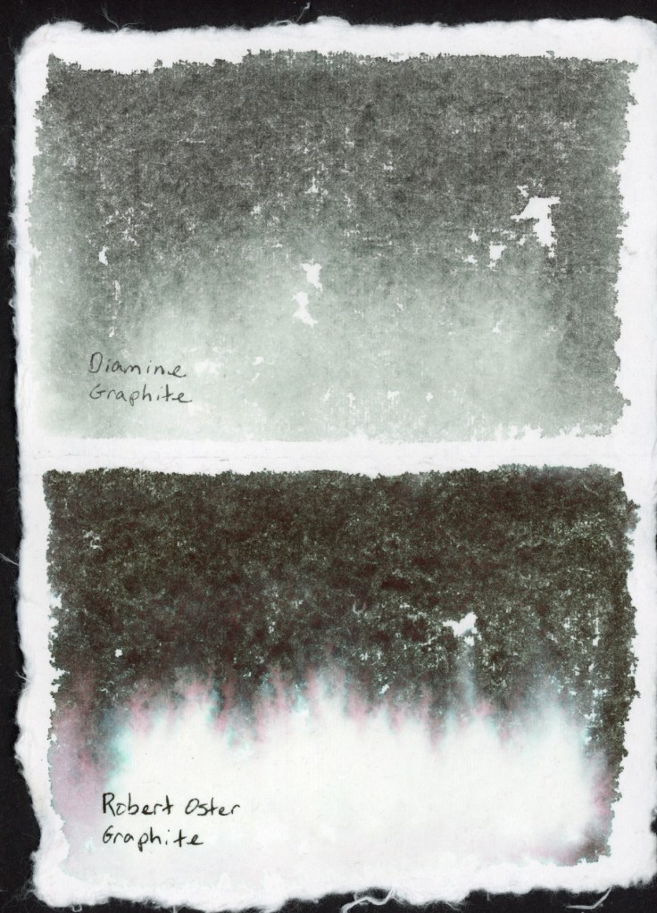 Two chromatography studies on handmade deckle-edge cotton watercolor paper, shown on a single page. The top swatch labeled Diamine Graphite shows a soft cool grey with subtle blue-green tones. The bottom swatch labeled Robert Oster Graphite is significantly darker, with a dramatic pink and teal fringe bleeding outward along the lower edge. January 2026.
