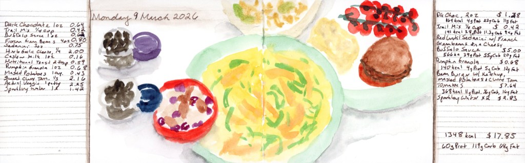 Watercolor food sketch on a double page spread, Monday 9 March 2026. Individual food portraits include dark chocolate, trail mix, a large green plate of yellow pasta with vegetables, cherry tomatoes on the vine, and a bean burger on a green plate. Handwritten food names, costs, and nutrition data fill the margins. Sailor Shikiori markers.