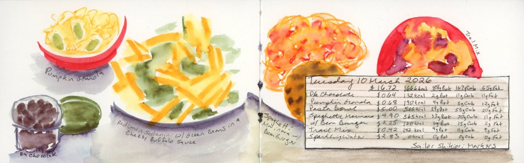 Watercolor food sketch on a double page spread, Tuesday 10 March 2026. On the left, pumpkin granola in a red bowl, dark chocolate, a green oval, and a large plate of red lentil sedanini with green beans in cheesy buffalo sauce. On the right, spaghetti marinara with a bean burger, and a large trail mix bowl in a red-rimmed dish. Handwritten food labels and a nutrition and cost summary box. Sailor Shikiori markers.spaghetti marinara with a bean burger, and a large trail mix bowl in a red-rimmed dish.