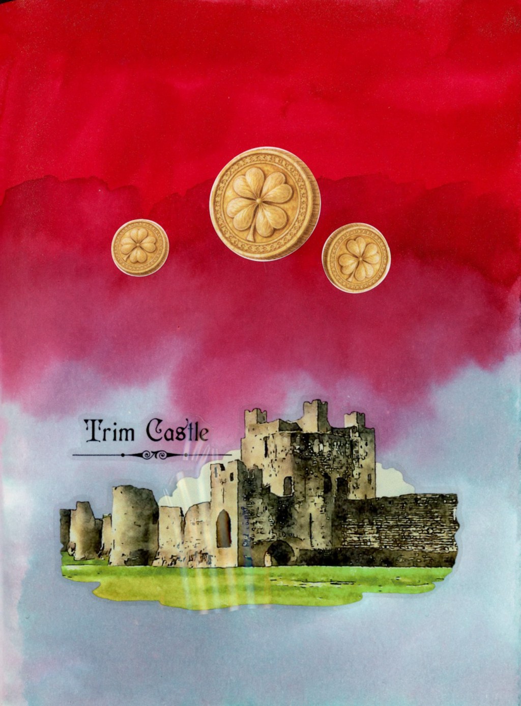 A dramatic sketchbook page with a deep red and soft teal ink background made with Diamine Ruby Taffeta and Diamine Overcast inks, with three gold shamrock coin stickers and a detailed Trim Castle sticker showing stone ruins against a green lawn.