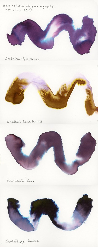 A vertical collage of four chromatography swatch paintings on Stillman & Birn Delta paper, from the Nick Stewart Fountain Pen Ink Art Udemy course. From top to bottom: Robert Oster Australian Opal Mauve in deep violet with pink and blue separation; Noodler's Rome Burning in warm gold and ochre with lavender; Diamine Earl Grey in soft muted purple with blue edges; and Diamine Good Tidings in near-black with dramatic teal and blue blooming at the lower edges.