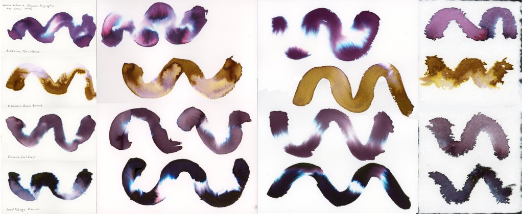 A side by side comparison of chromatography swatch paintings across four different papers, showing four inks on each. From left to right: Stillman & Birn Delta, Strathmore Watercolor Paper, Arches Rough Watercolor Paper, and Leather Village Handmade Cotton Watercolor Paper. Within each paper column, from top to bottom: Robert Oster Australian Opal Mauve, Noodler's Rome Burning, Diamine Earl Grey, and Diamine Good Tidings (Delta only) or Robert Oster Graphite (Strathmore, Arches, and Handmade). Each paper produces a distinctly different quality of diffusion, edge, and texture across all four inks.