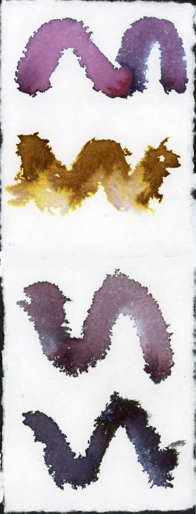 A vertical collage of four chromatography swatch paintings on Leather Village handmade deckle-edge cotton watercolor paper. From top to bottom: Robert Oster Australian Opal Mauve in deep pink-violet with blue edges; Noodler's Rome Burning in explosive gold and ochre with yellow separation; Diamine Earl Grey in muted purple with soft blue; and Robert Oster Graphite in near-black with teal and blue fringing. The rough fibrous texture of the handmade paper creates a dramatically different surface character compared to the smoother papers.