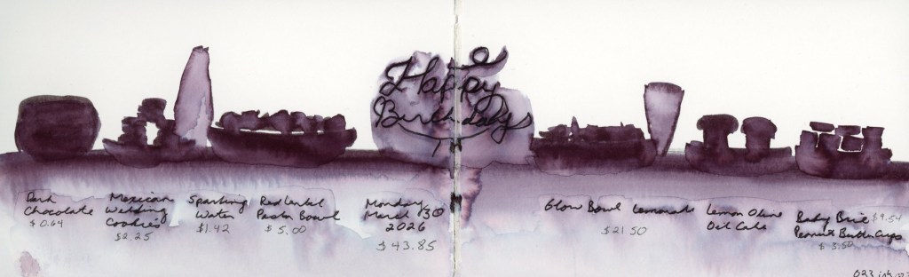 Ink wash food diary spread on a double page, Monday 30 March 2026. Food items rendered as purple silhouettes along a horizon line, with "Happy Birthday" lettered in the center. Handwritten food names and costs below, including dark chocolate, Mexican wedding cookies, sparkling water, red lentil pasta bowl, glow bowl, lemonade, lemon olive oil cake, and baby brie peanut butter cups. Sailor 023 Shikiori marker.