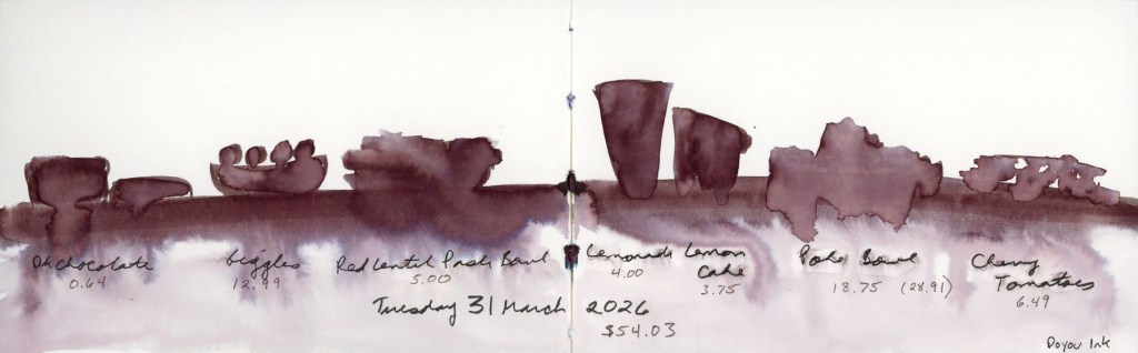 Ink wash food diary spread on a double page, Tuesday 31 March 2026. Food items rendered as warm reddish-brown silhouettes along a horizon line, including dark chocolate, Biggles, red lentil pasta bowl, lemonade, lemon cake, poke bowl, and cherry tomatoes. Handwritten food names and costs below. Sailor Doyou Shikiori marker.