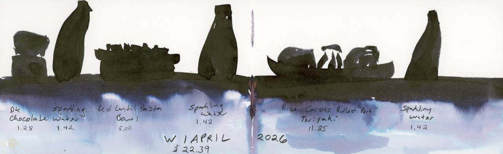 Ink wash food diary spread on a double page, Wednesday 1 April 2026. Food items rendered as near-black silhouettes against a deep blue-violet pooling wash below, including dark chocolate, sparkling water, red lentil pasta bowl, sparkling water, rice with carrots and pulled pork teriyaki, and sparkling water. Handwritten food names and costs. Diamine Good Tidings ink.