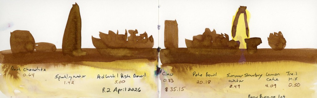 Ink wash food diary spread on a double page, Thursday 2 April 2026. Food items rendered as warm golden-brown silhouettes along a horizon line, with a yellow ink wash below. Items include dark chocolate, sparkling water, red lentil pasta bowl, Ciao, poke bowl, summer strawberry water, lemon cake, and trail mix. A bright yellow element appears on the right side. Handwritten food names and costs. Noodler's Rome Burning ink.