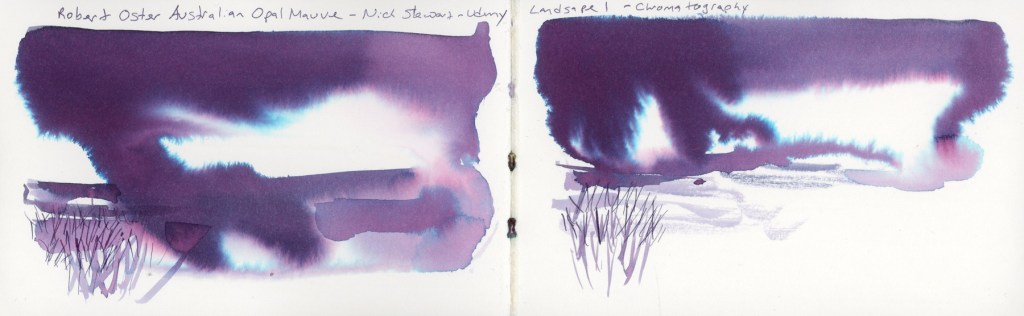 A double page spread in a Stillman & Birn Delta sketchbook showing two versions of the Landscape 1 exercise using Robert Oster Australian Opal Mauve ink. Both pages show a large dark mass of ink suggesting stormclouds or heavy foliage, with dramatic pink, blue, and violet chromatography separation throughout. Below each, a pale misty ground layer in diluted ink suggests a flat landscape, with fine reed or grass marks drawn into the wet wash. The left page is labeled Robert Oster Australian Opal Mauve, Nick Stewart, Udemy, Landscape 1, Chromatography at the top.