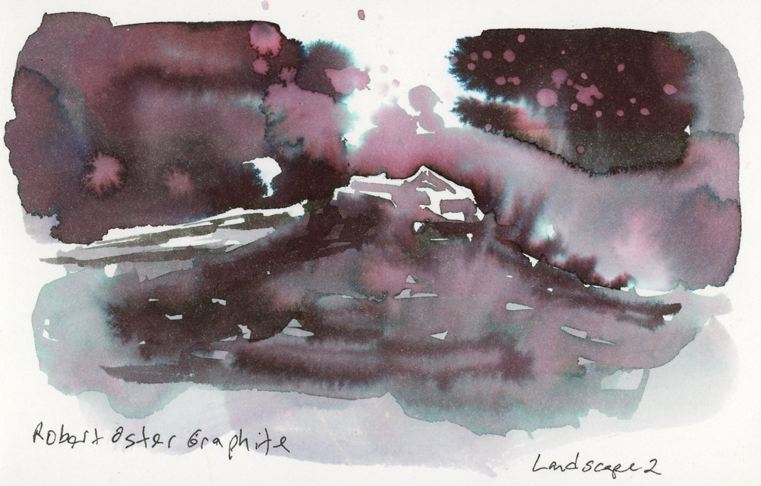 A landscape painting on Stillman & Birn Delta paper using Robert Oster Graphite ink and the chromatography technique. A dramatic dark mass of treetops and foliage fills the upper portion, separating into deep plum, pink, and teal tones. Below, a misty ground layer in soft grey-blue suggests distance and atmosphere. A small structure is visible in the negative space at center. Labeled Robert Oster Graphite, Landscape 2, in handwriting at the bottom.