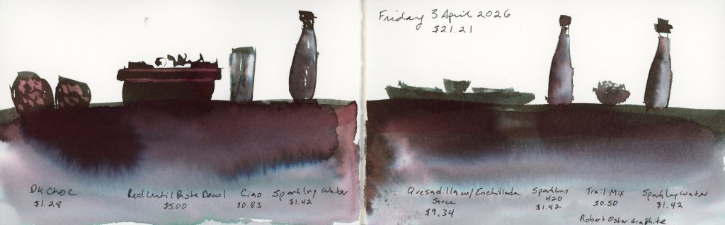 Ink wash food diary spread on a double page, Friday 3 April 2026. Food items rendered as deep plum-grey silhouettes along a horizon line, with a soft blue-violet blooming wash below. Items include dark chocolate, red lentil pasta bowl, Ciao, sparkling water, quesadilla with enchilada sauce, sparkling water, trail mix, and sparkling water. Handwritten food names and costs. Robert Oster Graphite ink.