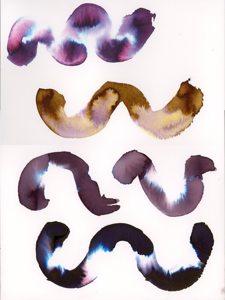 A single page showing four chromatography swatch paintings on Strathmore watercolor paper, arranged in two rows. Top row: Robert Oster Australian Opal Mauve in pink-violet with blue separation, and Noodler's Rome Burning in gold and ochre. Bottom row: Diamine Earl Grey in muted purple-grey, and Robert Oster Graphite in deep near-black with teal blooming. The smoother cold press surface produces cleaner edges than the handmade paper.