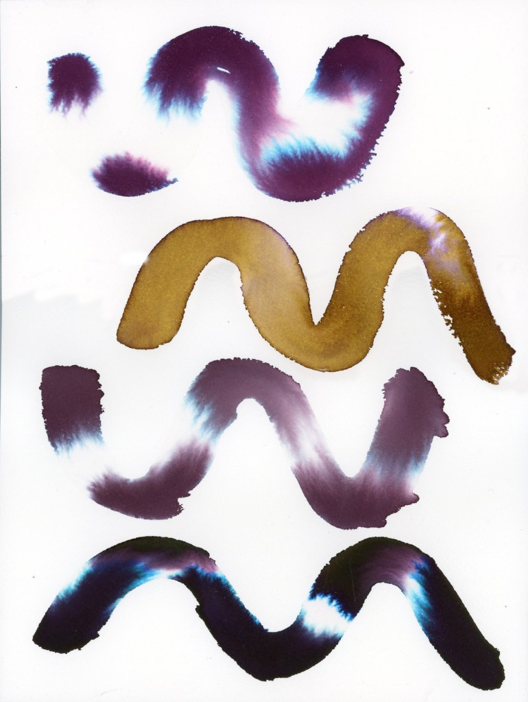 A single page showing four chromatography swatch paintings on Arches Rough watercolor paper, arranged in two rows. Top row: Robert Oster Australian Opal Mauve and Noodler's Rome Burning. Bottom row: Diamine Earl Grey and Robert Oster Graphite. The rough textured surface of the Arches paper produces a noticeably different quality of edge and diffusion compared to the Strathmore, with more texture visible within the ink flows.